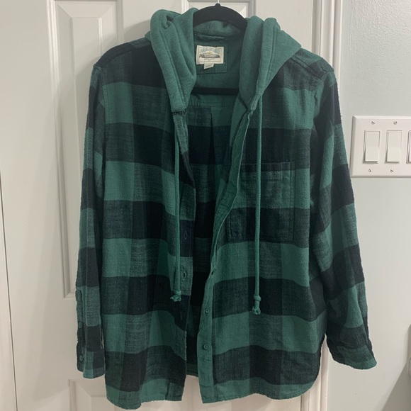 Green and black plaid flannel hooded button up - Picture 1 of 4